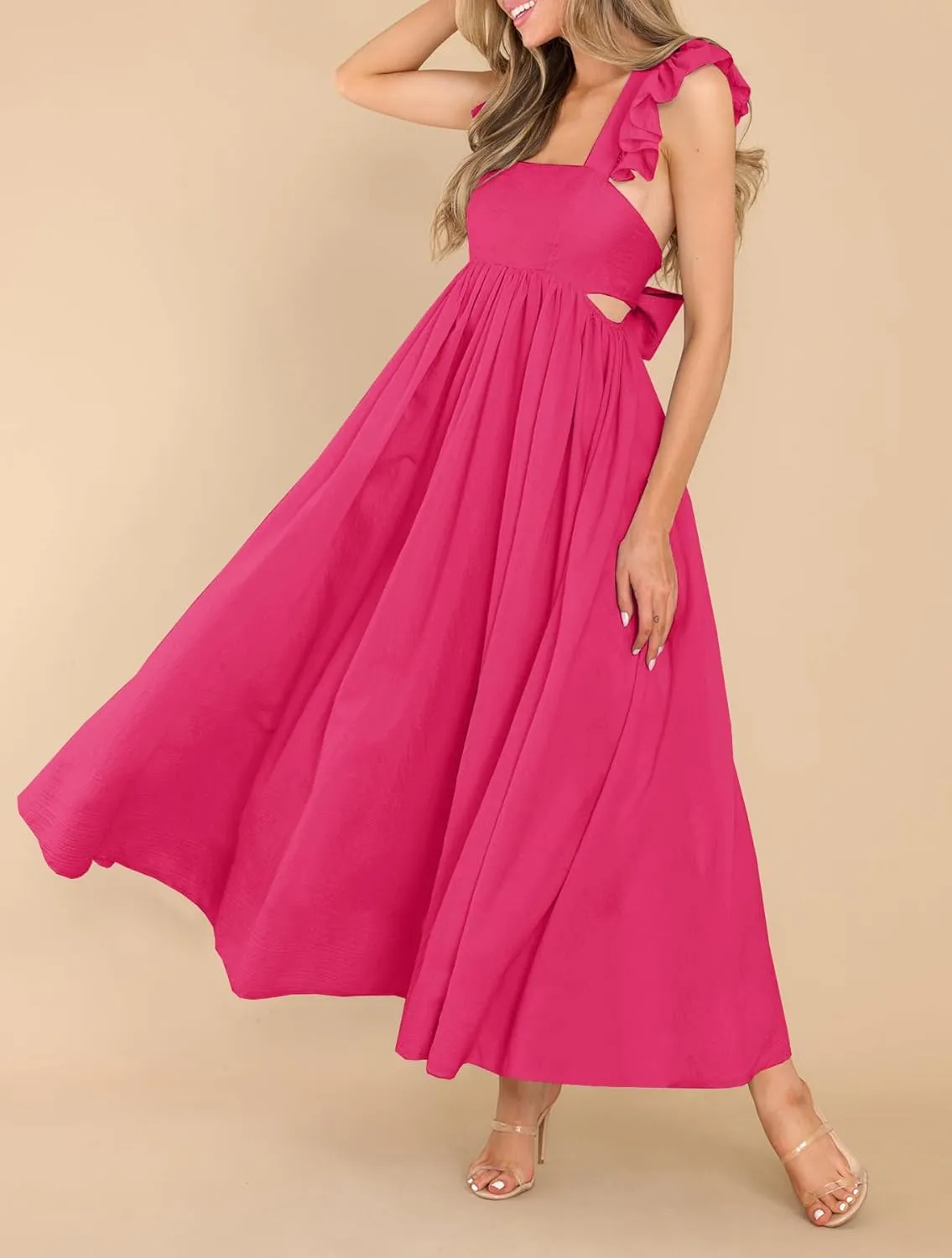 MITILLY Women's Summer Flutter Sleeve Square Neck Tie Back Casual Pleated A-Line Flowy Maxi Dress with Pockets