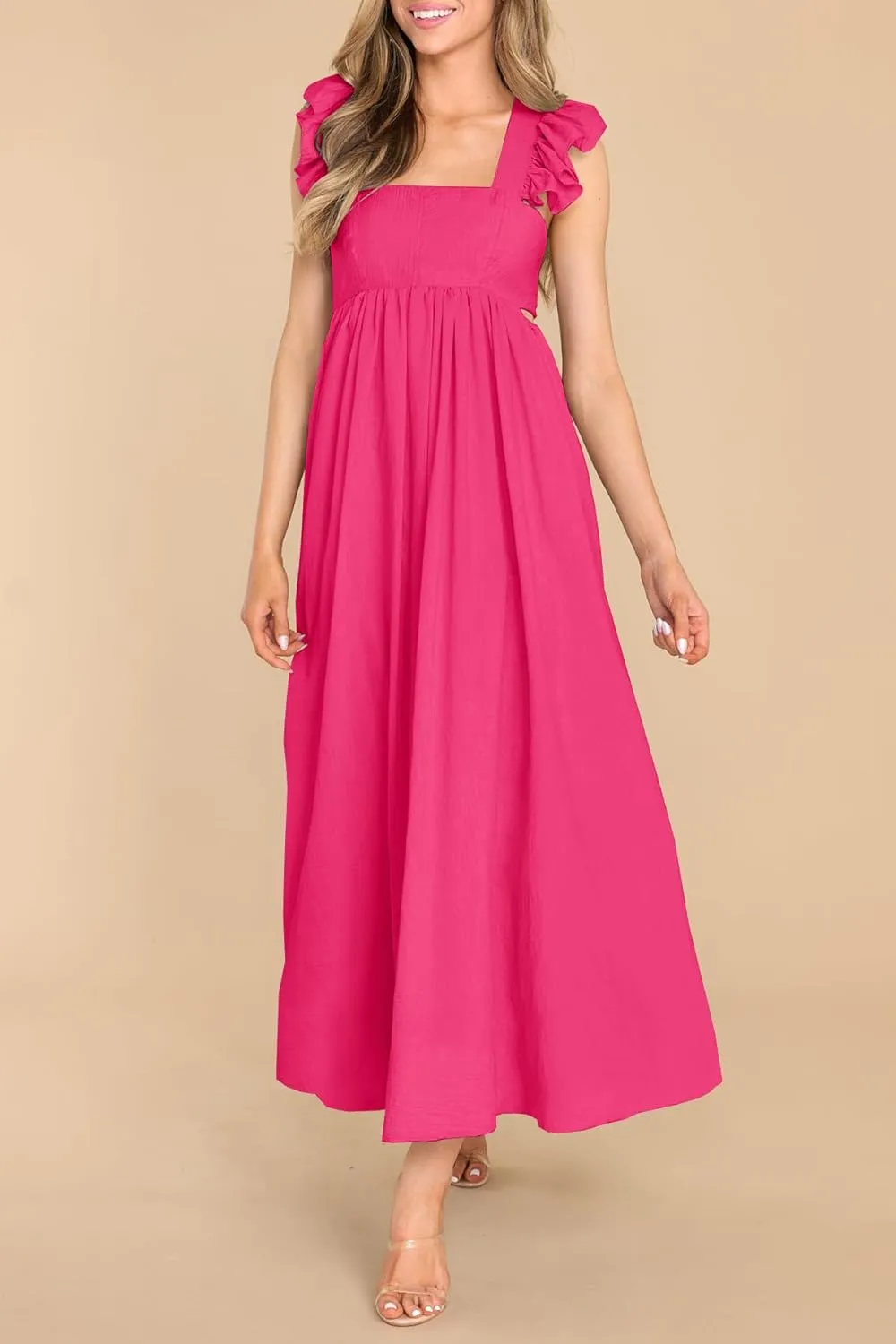 MITILLY Women's Summer Flutter Sleeve Square Neck Tie Back Casual Pleated A-Line Flowy Maxi Dress with Pockets
