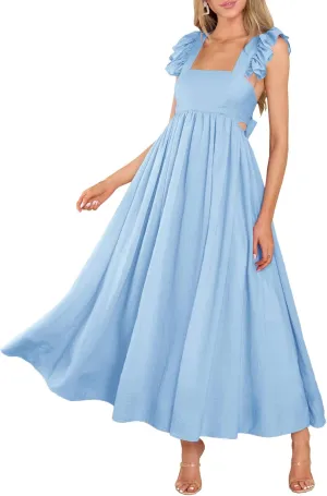 MITILLY Women's Summer Flutter Sleeve Square Neck Tie Back Casual Pleated A-Line Flowy Maxi Dress with Pockets