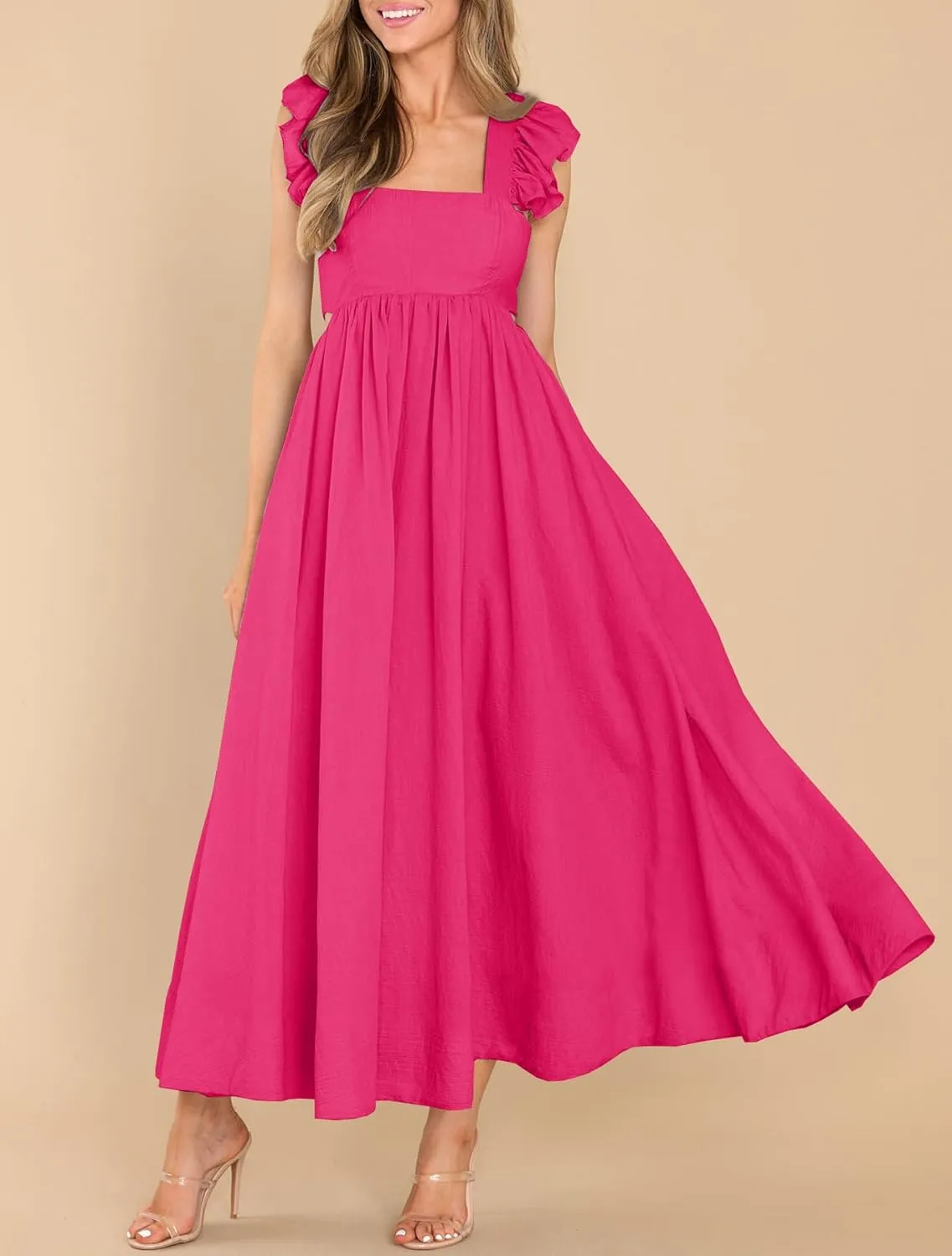 MITILLY Women's Summer Flutter Sleeve Square Neck Tie Back Casual Pleated A-Line Flowy Maxi Dress with Pockets
