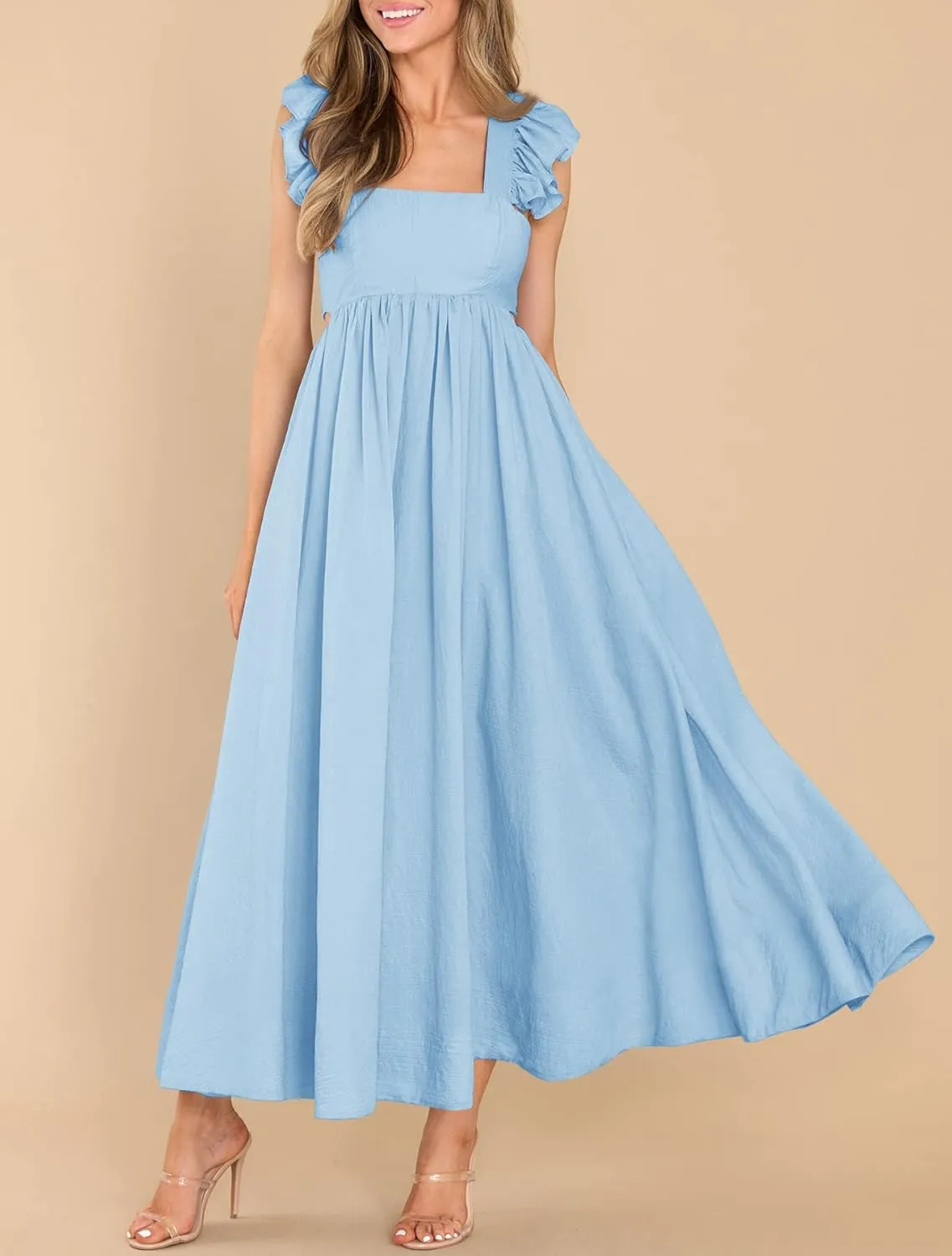 MITILLY Women's Summer Flutter Sleeve Square Neck Tie Back Casual Pleated A-Line Flowy Maxi Dress with Pockets