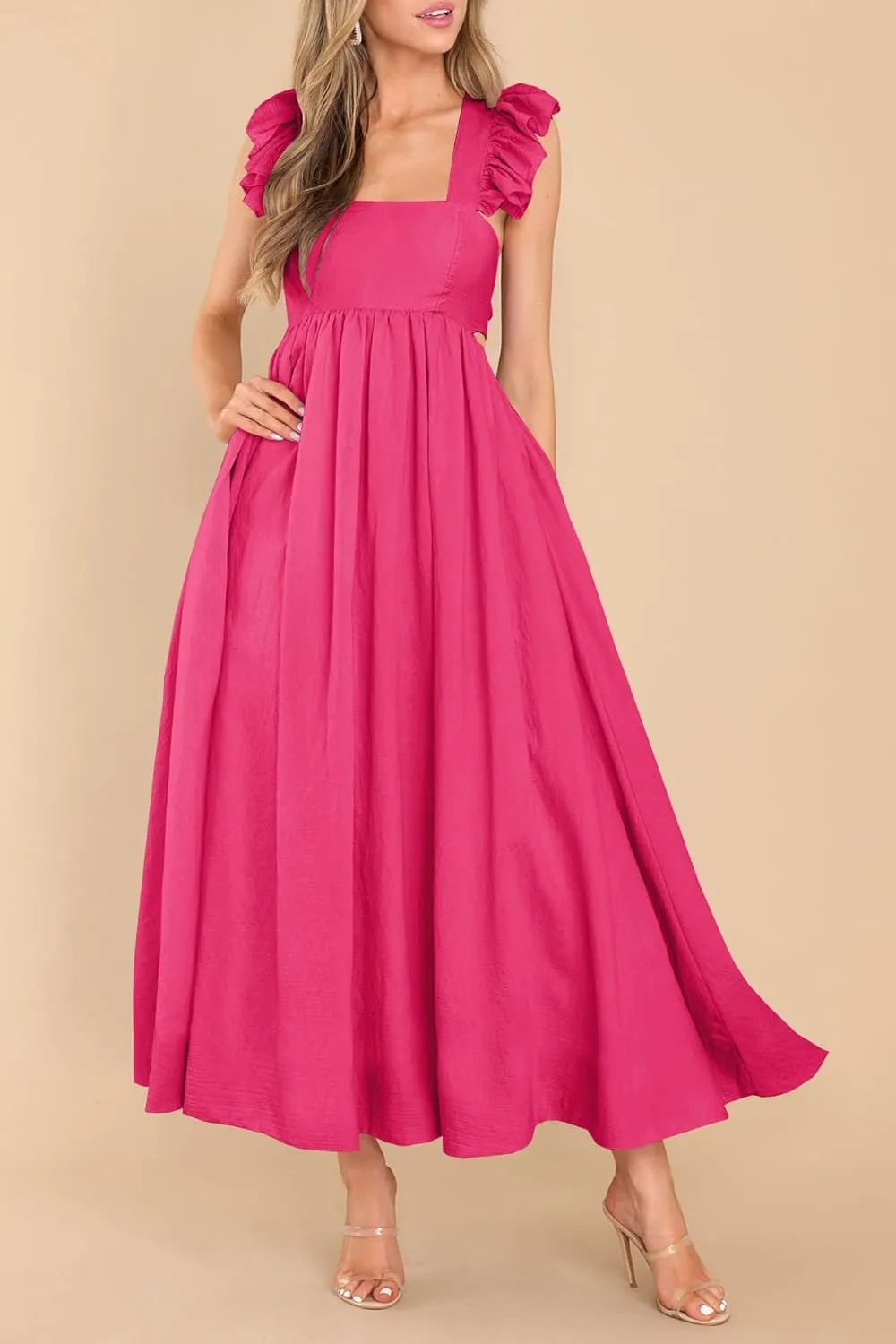 MITILLY Women's Summer Flutter Sleeve Square Neck Tie Back Casual Pleated A-Line Flowy Maxi Dress with Pockets