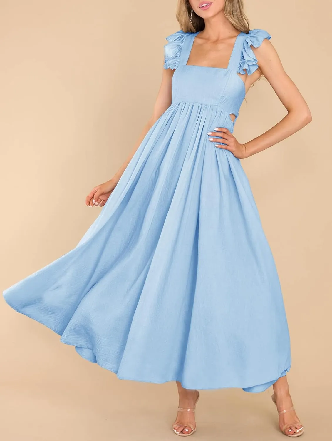 MITILLY Women's Summer Flutter Sleeve Square Neck Tie Back Casual Pleated A-Line Flowy Maxi Dress with Pockets