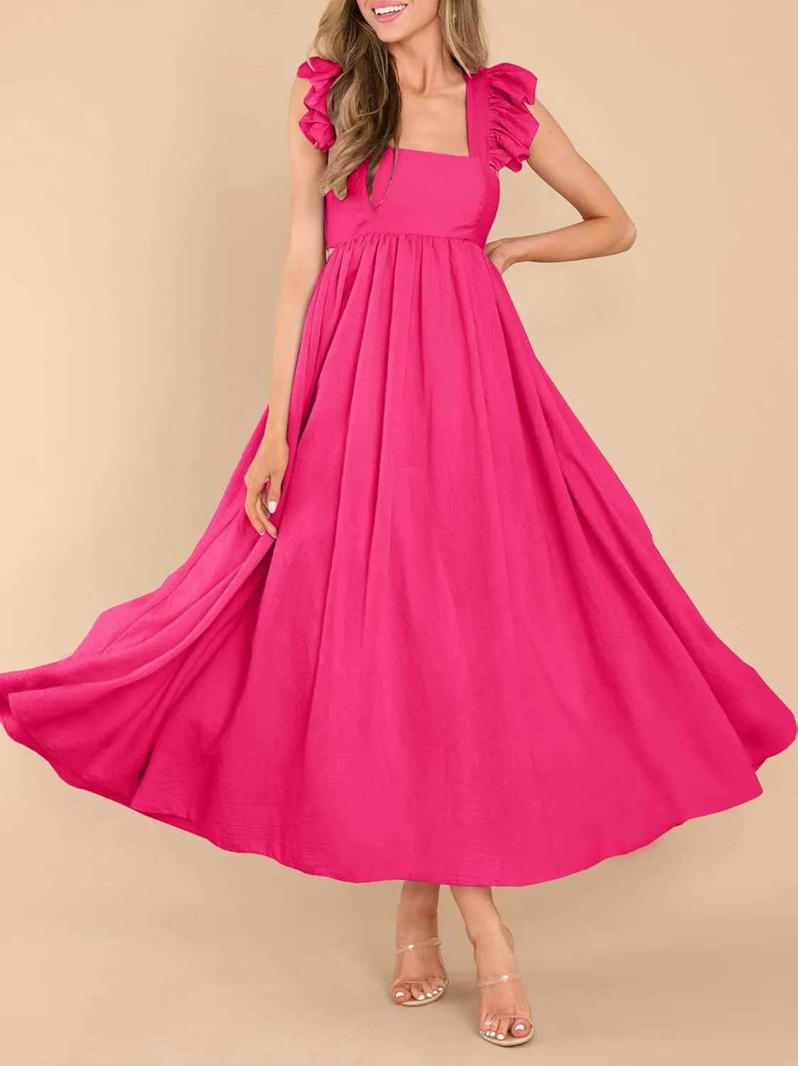 MITILLY Women's Summer Flutter Sleeve Square Neck Tie Back Casual Pleated A-Line Flowy Maxi Dress with Pockets