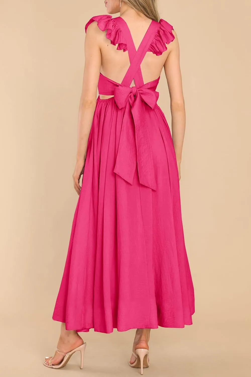MITILLY Women's Summer Flutter Sleeve Square Neck Tie Back Casual Pleated A-Line Flowy Maxi Dress with Pockets