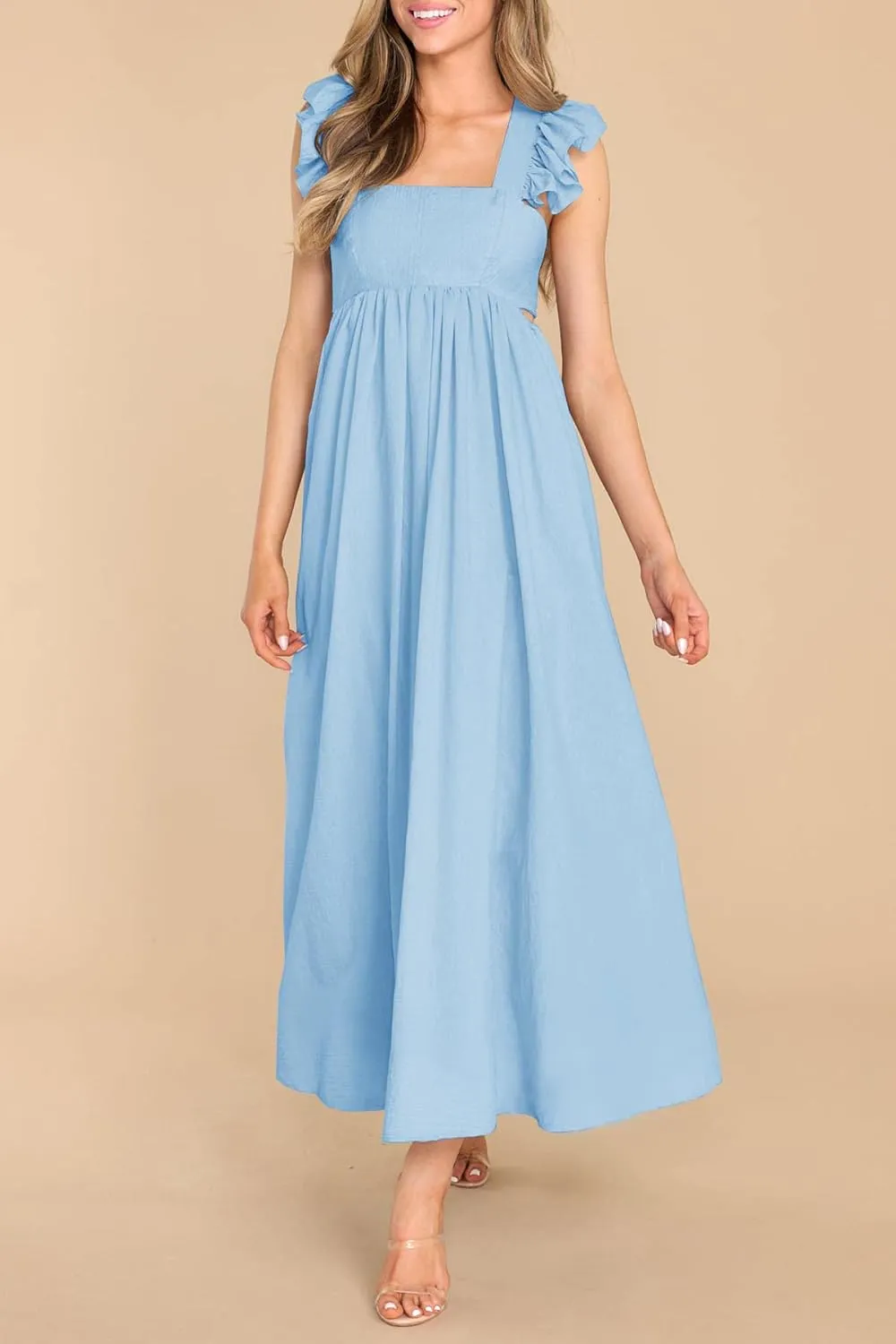MITILLY Women's Summer Flutter Sleeve Square Neck Tie Back Casual Pleated A-Line Flowy Maxi Dress with Pockets