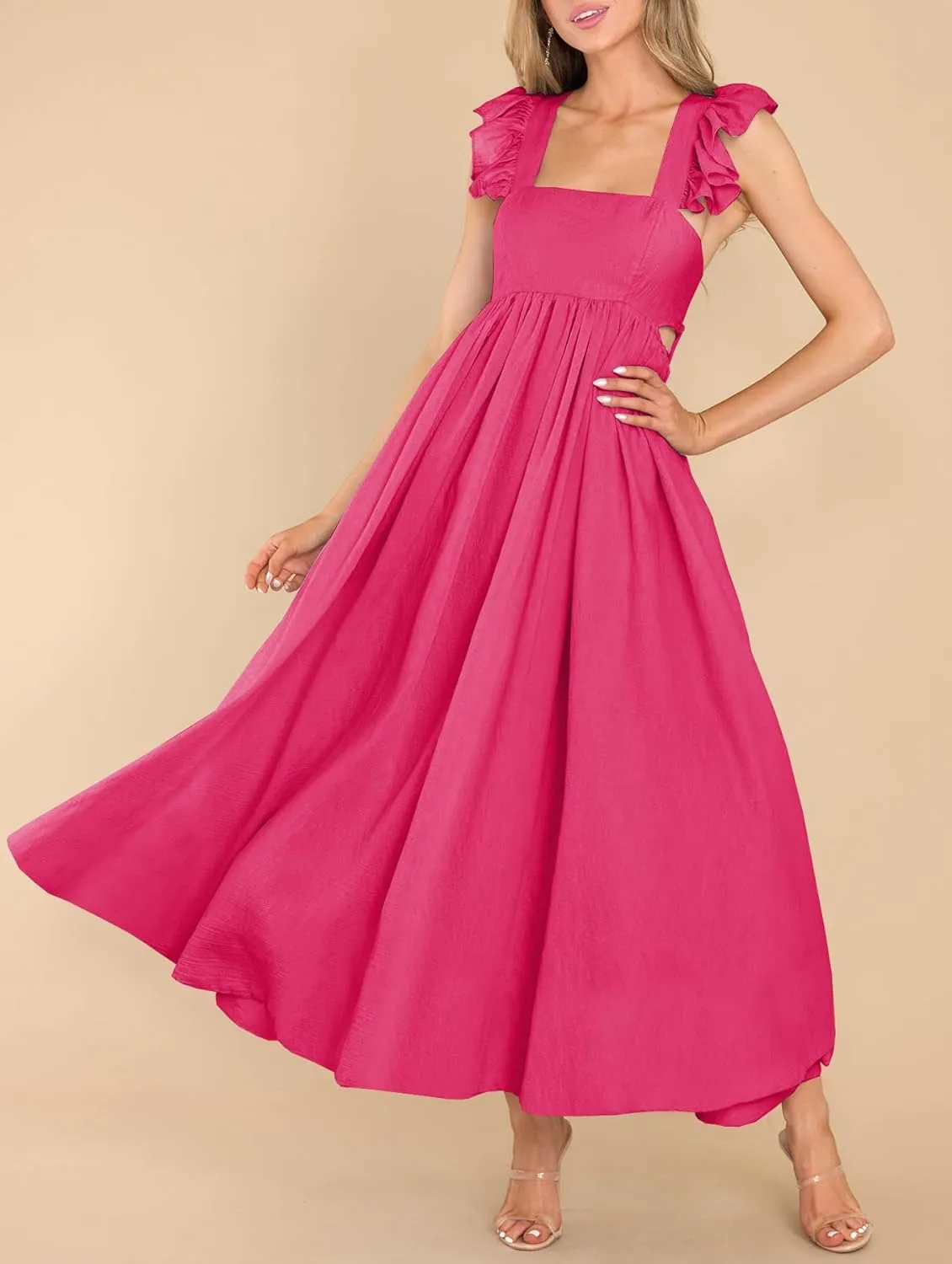 MITILLY Women's Summer Flutter Sleeve Square Neck Tie Back Casual Pleated A-Line Flowy Maxi Dress with Pockets