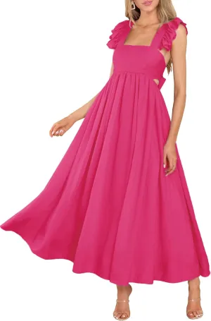 MITILLY Women's Summer Flutter Sleeve Square Neck Tie Back Casual Pleated A-Line Flowy Maxi Dress with Pockets
