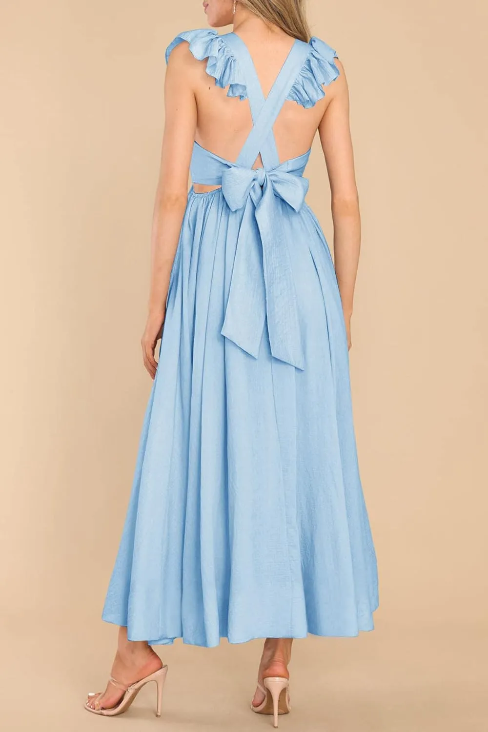 MITILLY Women's Summer Flutter Sleeve Square Neck Tie Back Casual Pleated A-Line Flowy Maxi Dress with Pockets