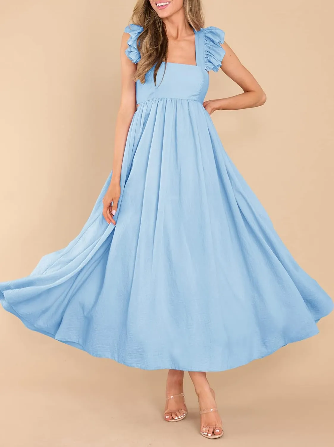 MITILLY Women's Summer Flutter Sleeve Square Neck Tie Back Casual Pleated A-Line Flowy Maxi Dress with Pockets