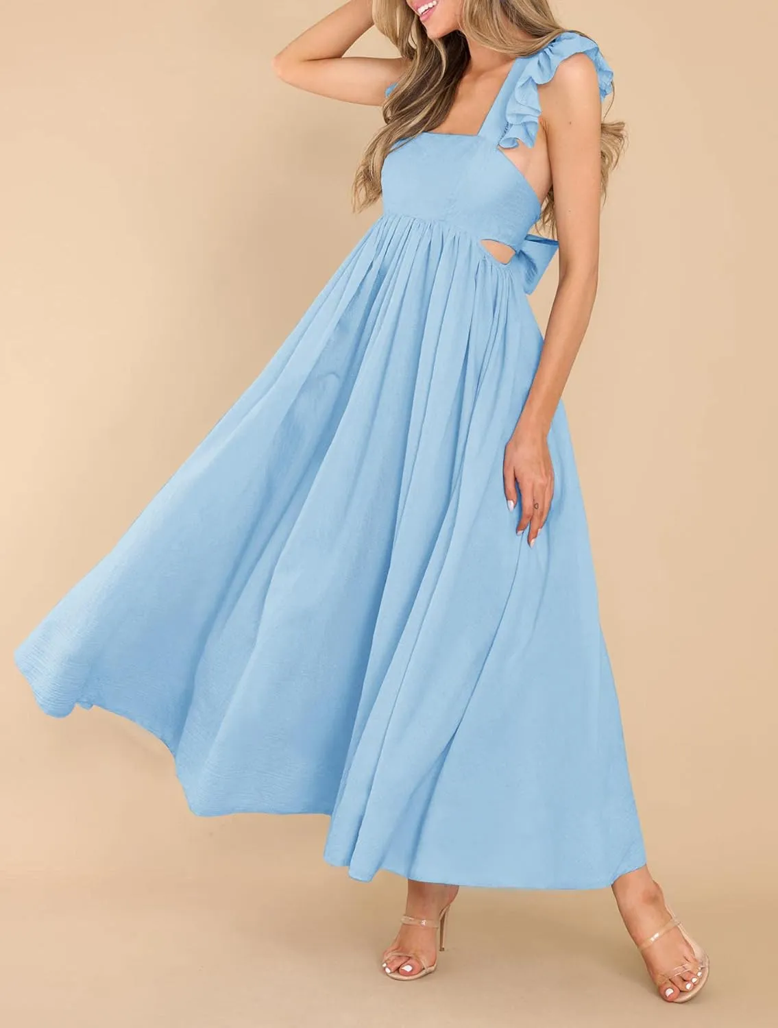 MITILLY Women's Summer Flutter Sleeve Square Neck Tie Back Casual Pleated A-Line Flowy Maxi Dress with Pockets