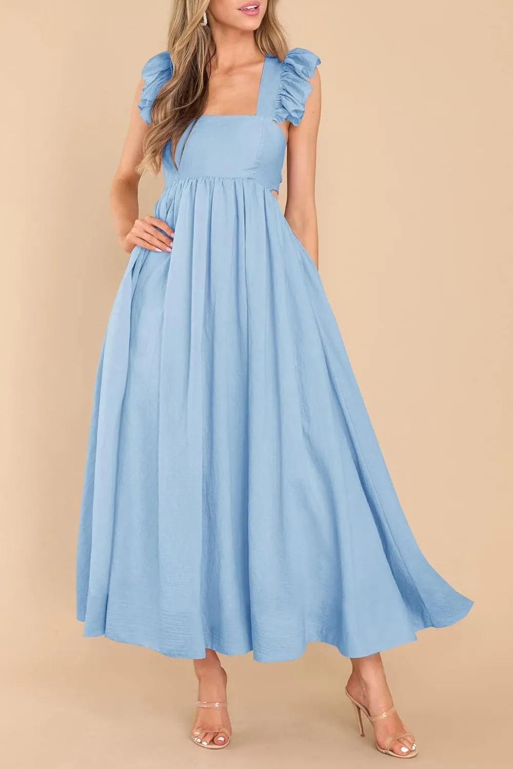 MITILLY Women's Summer Flutter Sleeve Square Neck Tie Back Casual Pleated A-Line Flowy Maxi Dress with Pockets