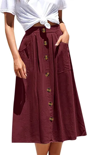 Miyaomn Women's Casual Summer Flowy Midi Skirts Button Decoration High Elastic Waist A-Line Solid Pleated Skirts with Pockets