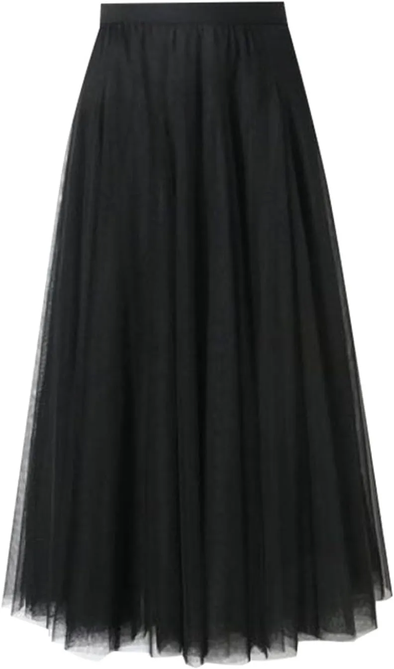 Miyaomn Womens Mesh Tutu Skirt Layered Tulle Elastic High Waisted Fairy Skirts Fluffy Irregular Hem Pleated A-line Midi Skirt