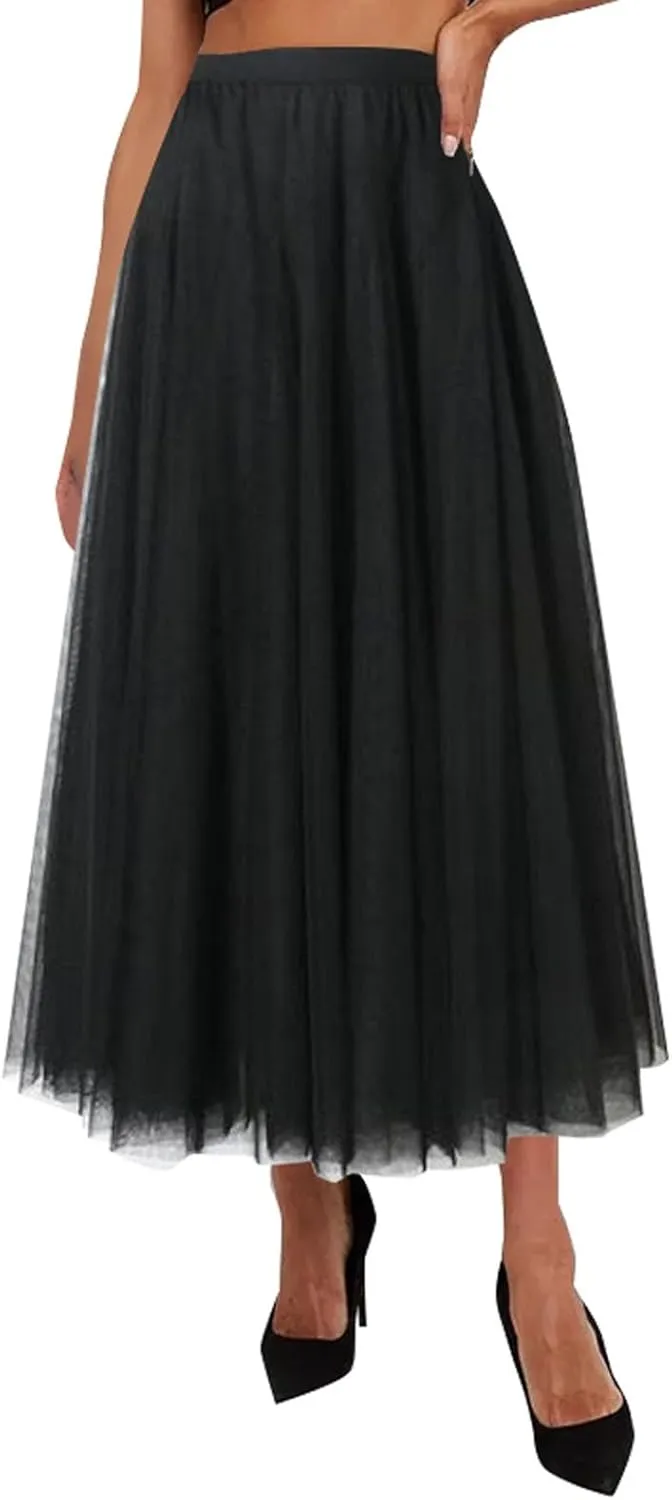 Miyaomn Womens Mesh Tutu Skirt Layered Tulle Elastic High Waisted Fairy Skirts Fluffy Irregular Hem Pleated A-line Midi Skirt