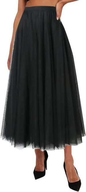 Miyaomn Womens Mesh Tutu Skirt Layered Tulle Elastic High Waisted Fairy Skirts Fluffy Irregular Hem Pleated A-line Midi Skirt
