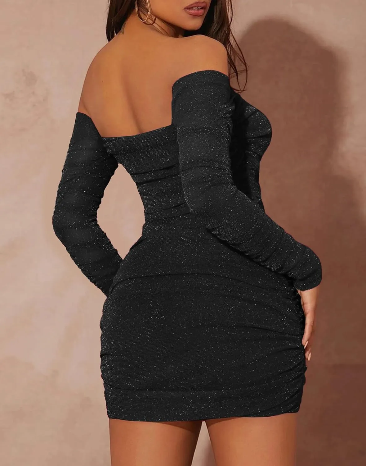 MOEENCN Women Mesh Dress Sparkly Long Sleeve Square Collar Pleated Bodycon Dresses Party Night Club Outfits