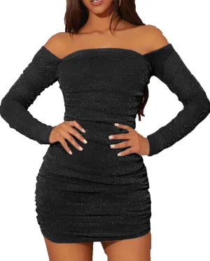 MOEENCN Women Mesh Dress Sparkly Long Sleeve Square Collar Pleated Bodycon Dresses Party Night Club Outfits