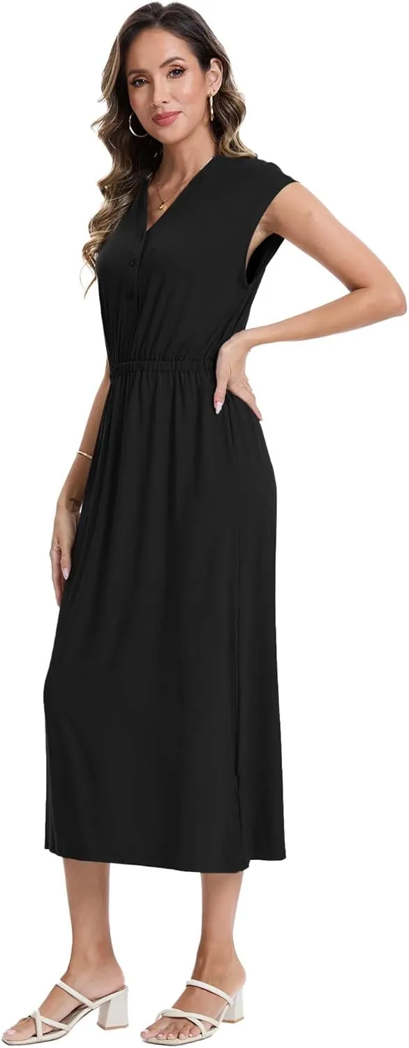 Moss Rose Women Spring Summer Maxi Dresses V-Neck Sleeveless Casual Long Formal Dress