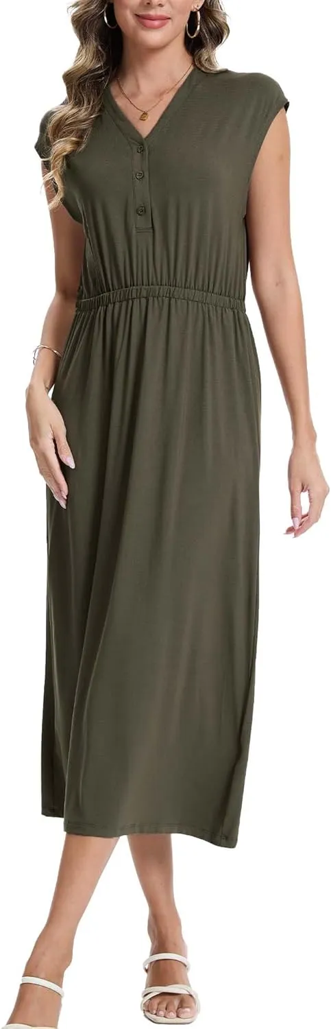 Moss Rose Women Spring Summer Maxi Dresses V-Neck Sleeveless Casual Long Formal Dress