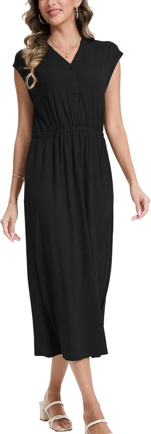 Moss Rose Women Spring Summer Maxi Dresses V-Neck Sleeveless Casual Long Formal Dress