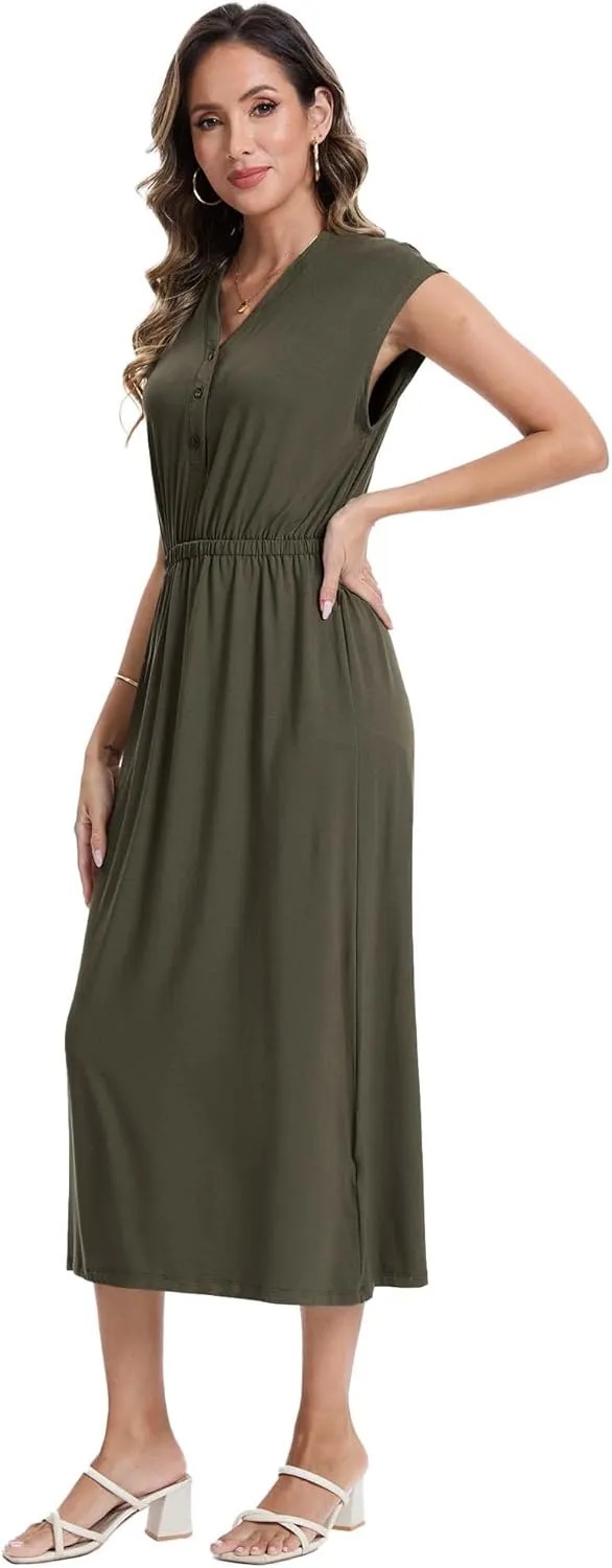 Moss Rose Women Spring Summer Maxi Dresses V-Neck Sleeveless Casual Long Formal Dress