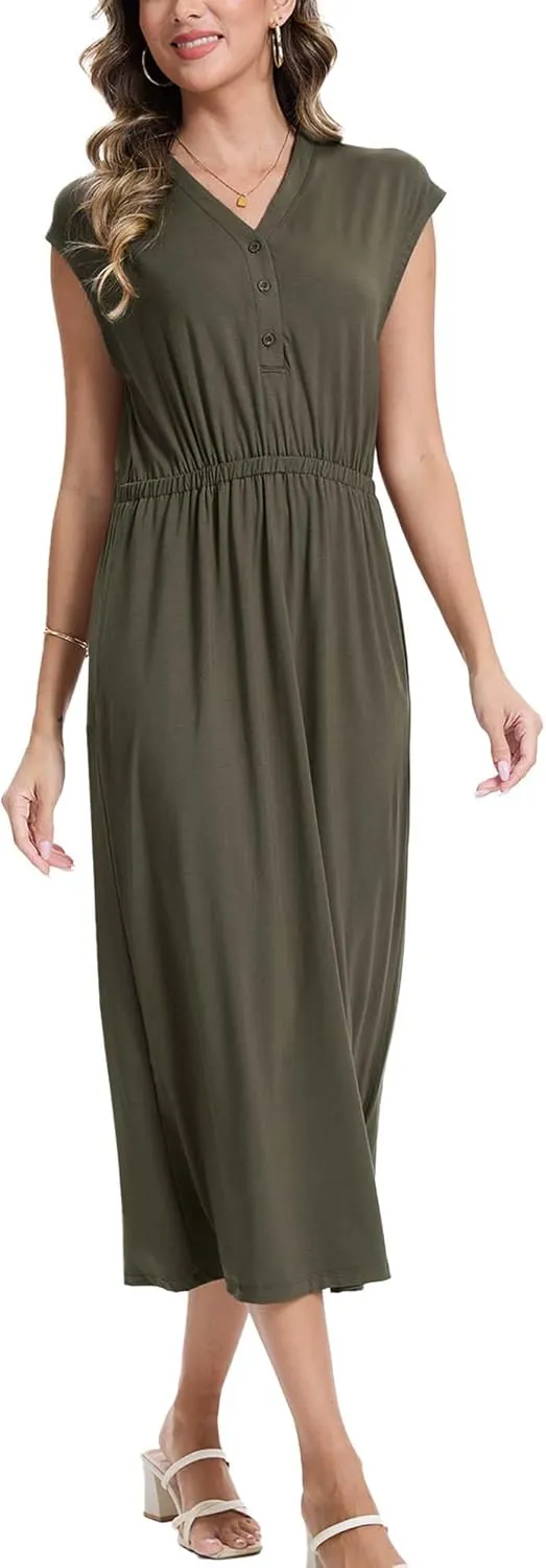 Moss Rose Women Spring Summer Maxi Dresses V-Neck Sleeveless Casual Long Formal Dress
