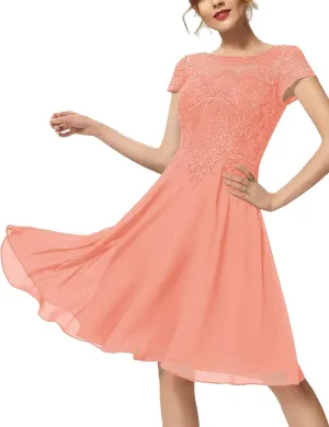 Mother of Bride Dresses Short Sleeve Lace Chiffon 2024 A-Line Scoop Formal Dress Knee-Length Cocktail Dress with Sequins RO63