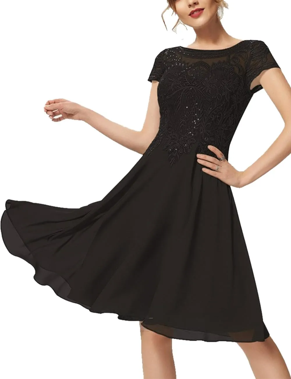 Mother of Bride Dresses Short Sleeve Lace Chiffon 2024 A-Line Scoop Formal Dress Knee-Length Cocktail Dress with Sequins RO63