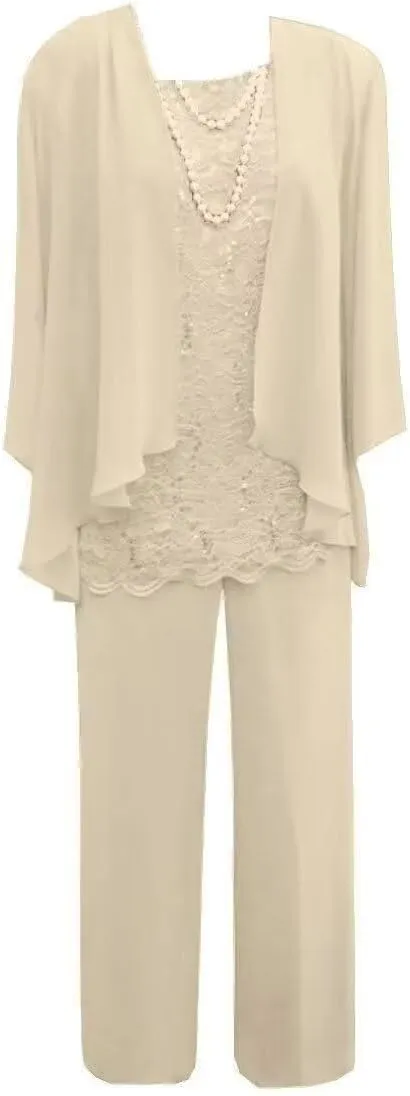 Mother of The Bride Pant Suits for Wedding Chiffon 3 Pieces Formal Pantsuits for Women Evening Party