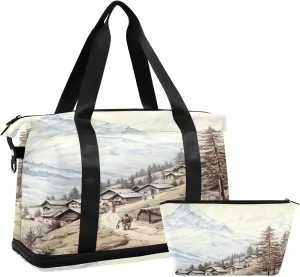 Mountain Town Drawing Sports Gym Bag with Waterproof Dry Wet Pocket, Travel Duffel Bag for Women MenWorkout Bag Fits Yoga, Swimming