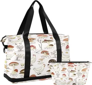Mushroom Chick Sports Gym Bag with Waterproof Dry Wet Pocket, Travel Duffel Bag for Women MenWorkout Bag Fits Yoga, Swimming