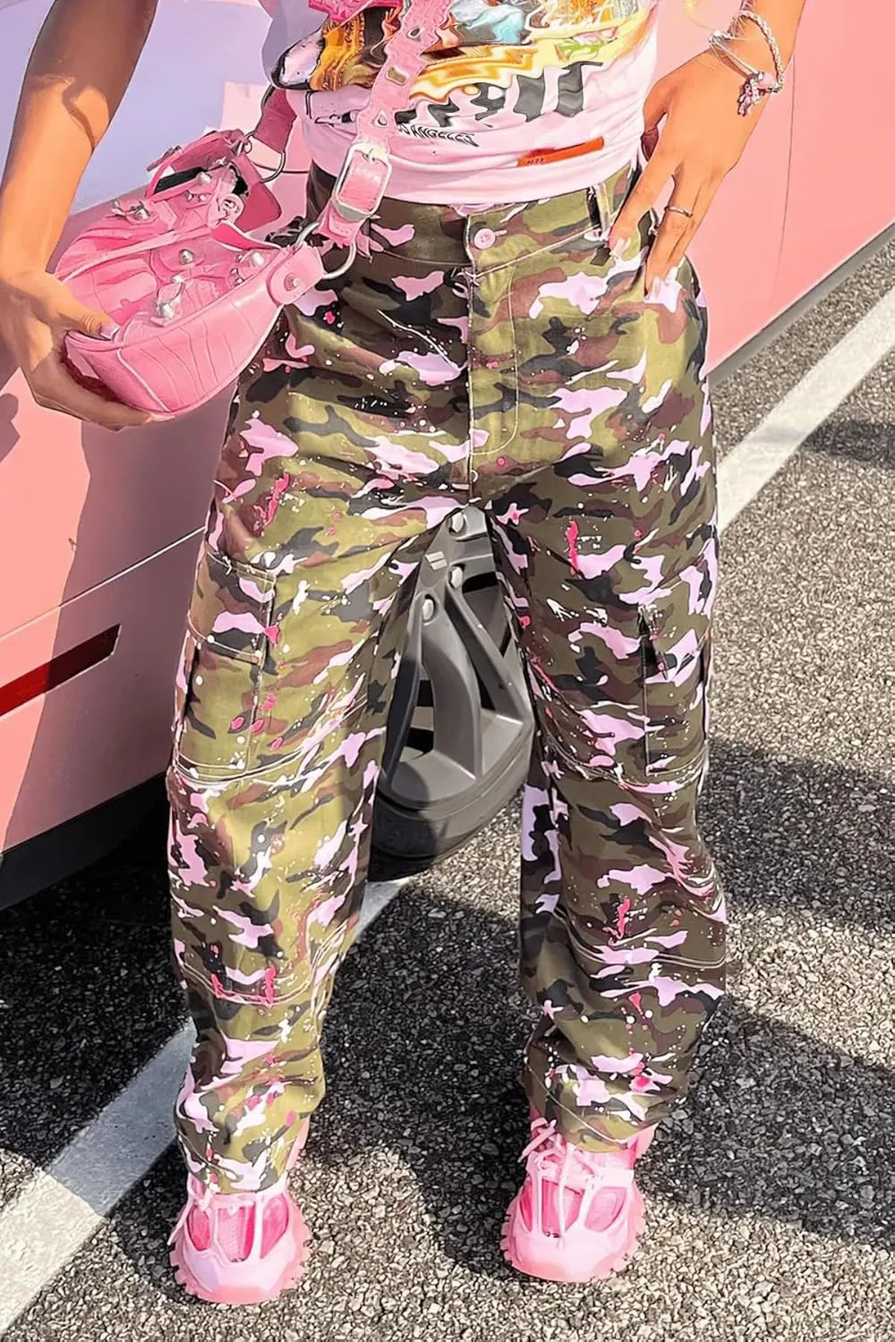 NRTHYE Women Camouflage Cargo Pants Pocket Zipper High Waist Patchwork Straight Casual Trousers