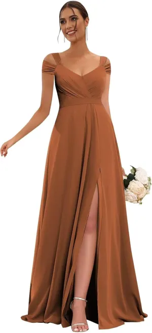 Off Shoulder Chiffon Bridesmaid Dresses for Women 2025 with Slit Long Ruched Wedding Guest Formal Prom Dress