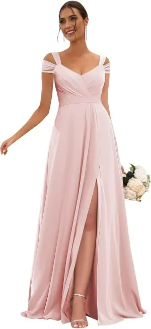Off Shoulder Chiffon Bridesmaid Dresses for Women 2025 with Slit Long Ruched Wedding Guest Formal Prom Dress