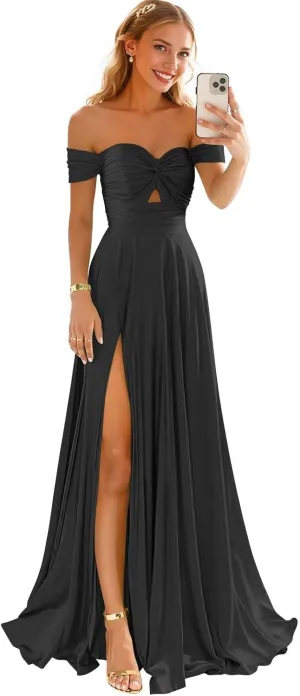Off Shoulder Satin Bridesmaid Dresses for Women Slit 2025 Sweetheart Pleated Long Formal Prom Dress with Pockets