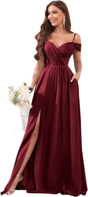Off The Shoulder Bridesmaid Dresses for Wedding with Slit A-Line Chiffon Formal Party Gown with Pockets