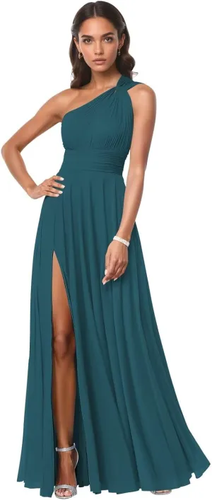 One Shoulder Chiffon Bridesmaid Dresses for Women Slit A Line Pleated Long Formal Wedding Guest Dress with Pockets