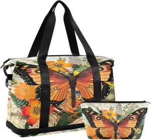 Orange Butterfly Sports Gym Bag with Waterproof Dry Wet Pocket, Travel Duffel Bag for Women MenWorkout Bag Fits Yoga, Swimming