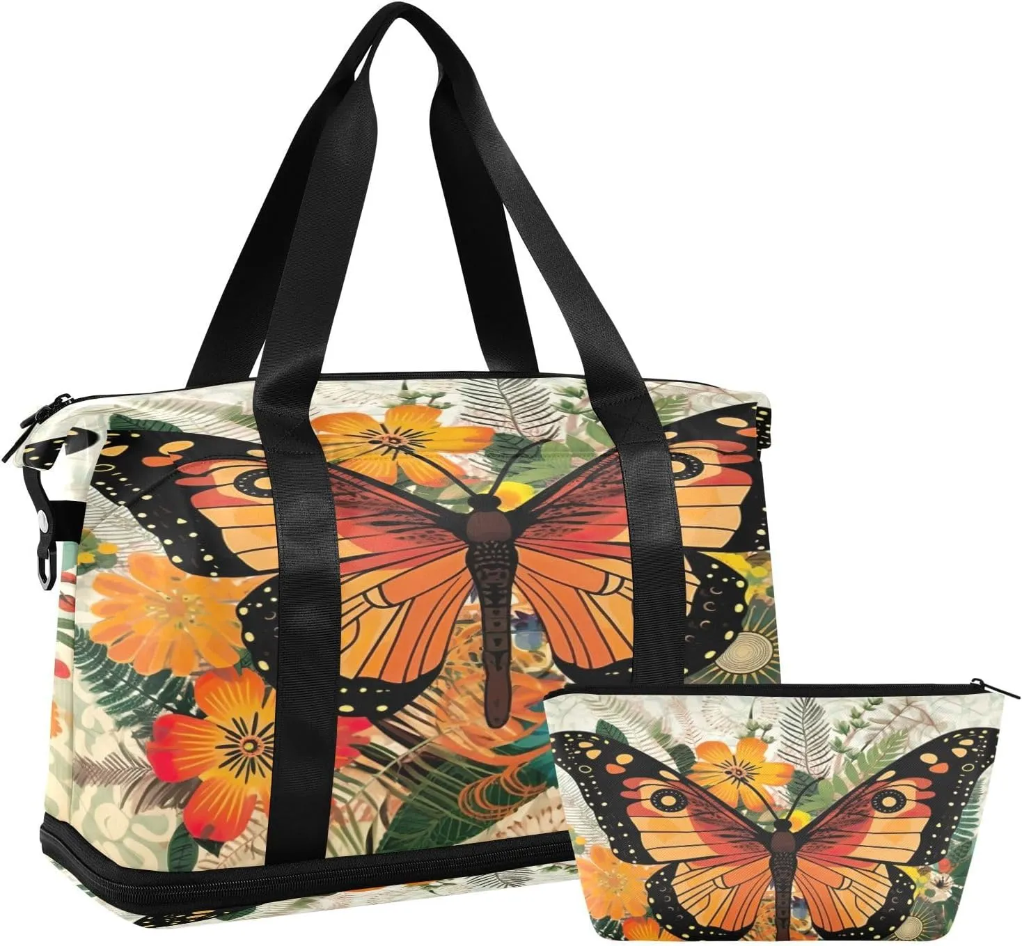 Orange Butterfly Sports Gym Bag with Waterproof Dry Wet Pocket, Travel Duffel Bag for Women MenWorkout Bag Fits Yoga, Swimming