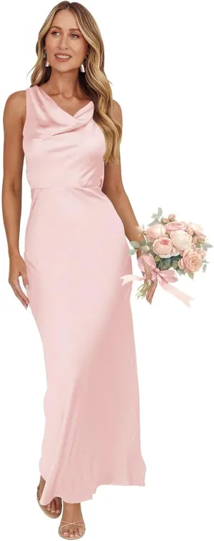 Ouyisha Satin Bridesmaid Dresses Maxi Open Back Cowl Neck Dress for Women Silk Wedding Guest Dresses 2025