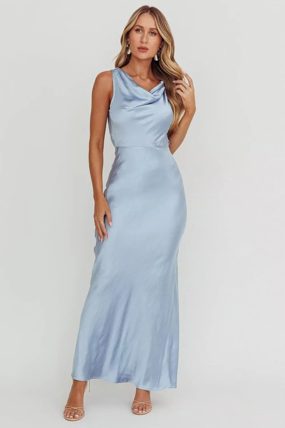 Ouyisha Satin Bridesmaid Dresses Maxi Open Back Cowl Neck Dress for Women Silk Wedding Guest Dresses 2025