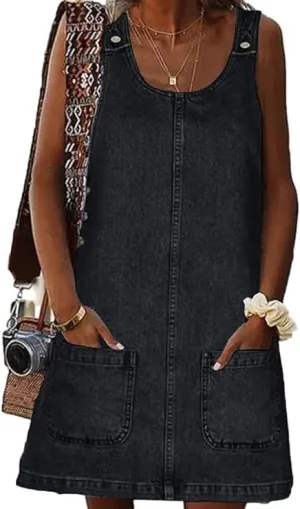 Overall Dress for Women Denim Dress Denim Overall Round Neck Skirtall Jean Dress Denim Jumper Dress Pinafore