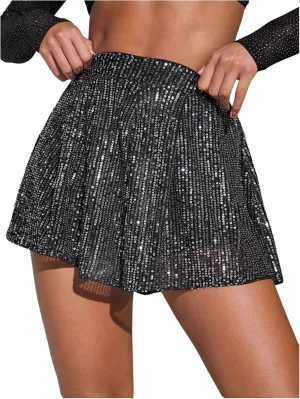 OYOANGLE Women's Sequin Glitter High Waisted Skirt Shorts Party Sparkly A Line Mini Skort
