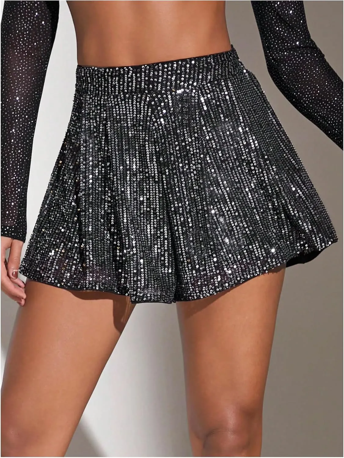 OYOANGLE Women's Sequin Glitter High Waisted Skirt Shorts Party Sparkly A Line Mini Skort