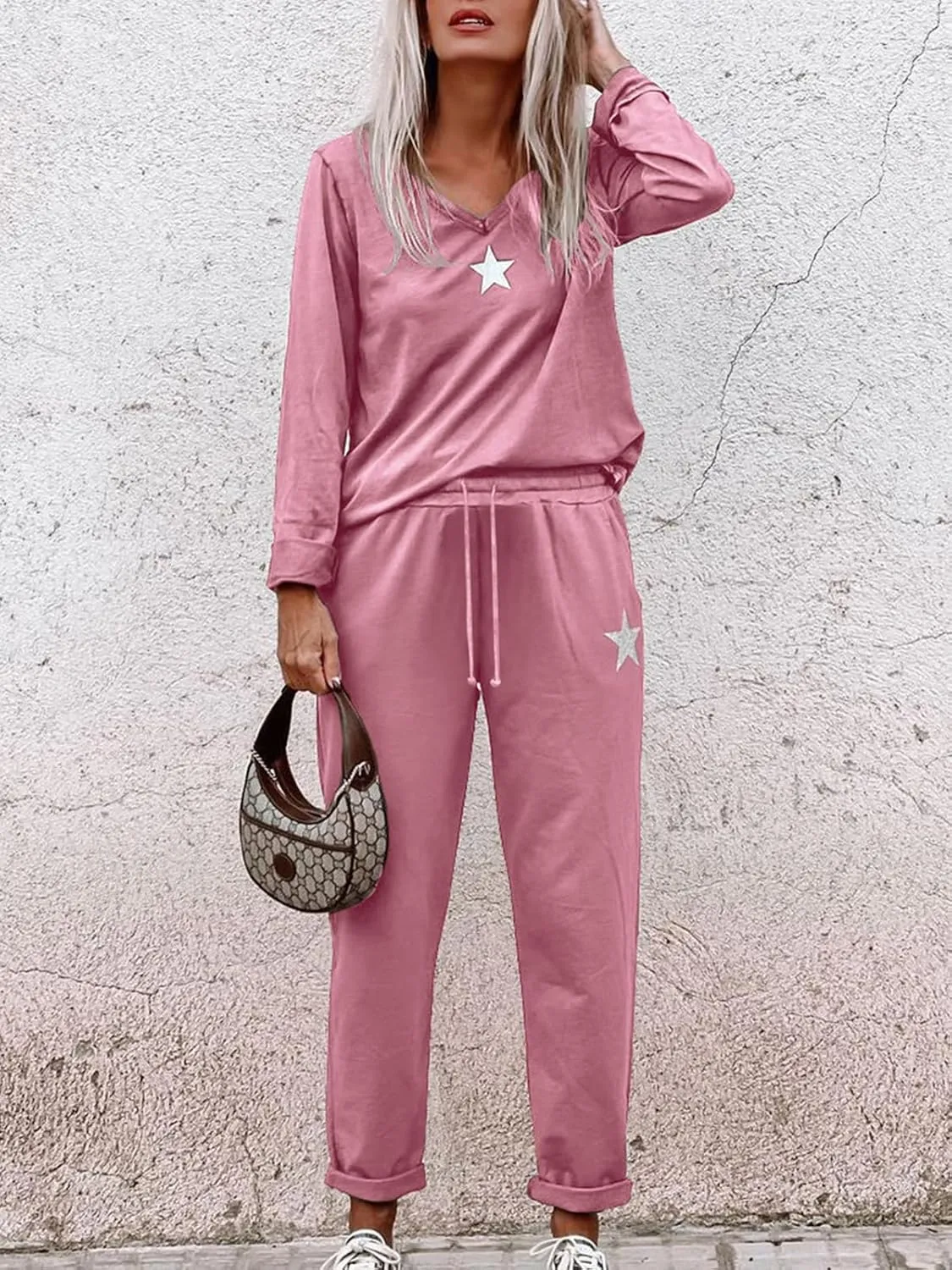Paintcolors Women's 2 Piece Outfit Long Sleeve Crewneck Tracksuit Solid Color Sweatsuit Lounge Matching Set with Pockets