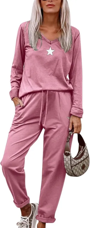Paintcolors Women's 2 Piece Outfit Long Sleeve Crewneck Tracksuit Solid Color Sweatsuit Lounge Matching Set with Pockets