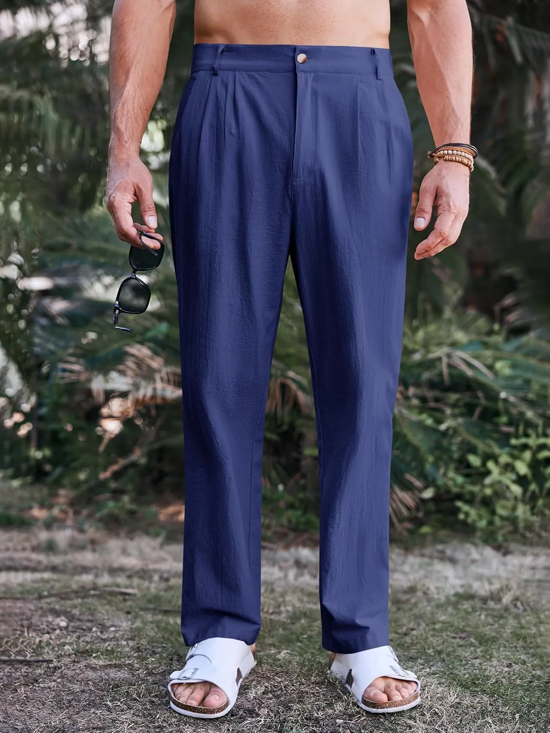 PASLTER Mens Casual Cotton Linen Pants Loose Fit Elastic Waist Yoga Beach Trousers with Pockets