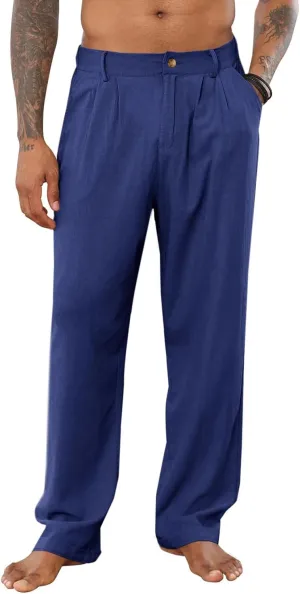 PASLTER Mens Casual Cotton Linen Pants Loose Fit Elastic Waist Yoga Beach Trousers with Pockets