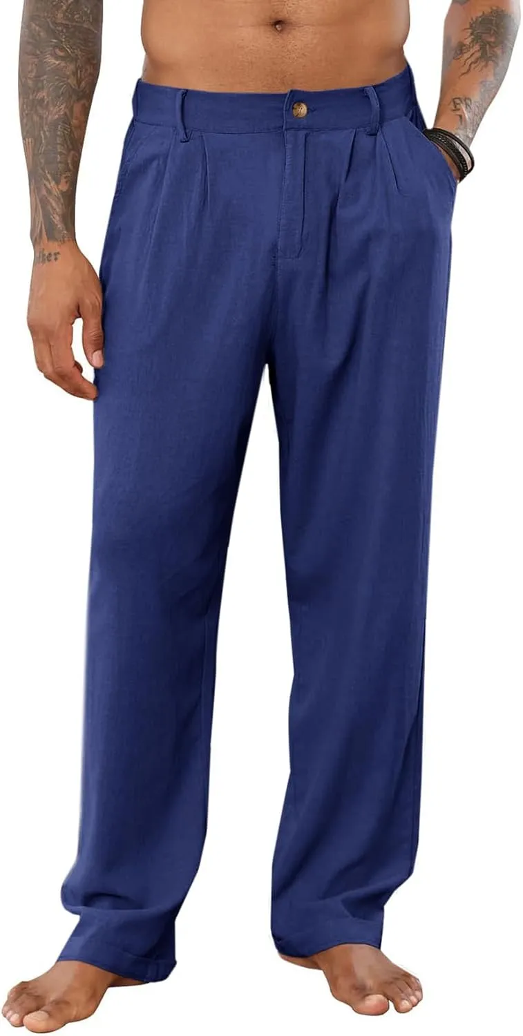 PASLTER Mens Casual Cotton Linen Pants Loose Fit Elastic Waist Yoga Beach Trousers with Pockets